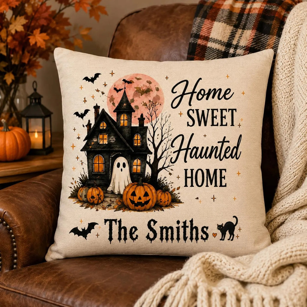 Personalized Halloween Pillow Cover, Custom Family Name Throw Pillow, Haunted House Ghost Decor, Spooky Fall Home Decoration, Halloween Gift