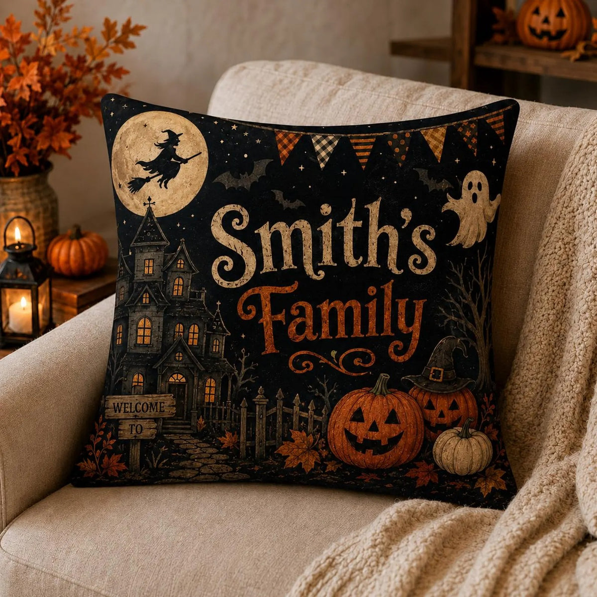 Personalized Halloween Family Pillow Cover, Custom Family Name Throw Pillow, Haunted House & Pumpkin Decor, Spooky Fall Home Accent, Halloween Gift