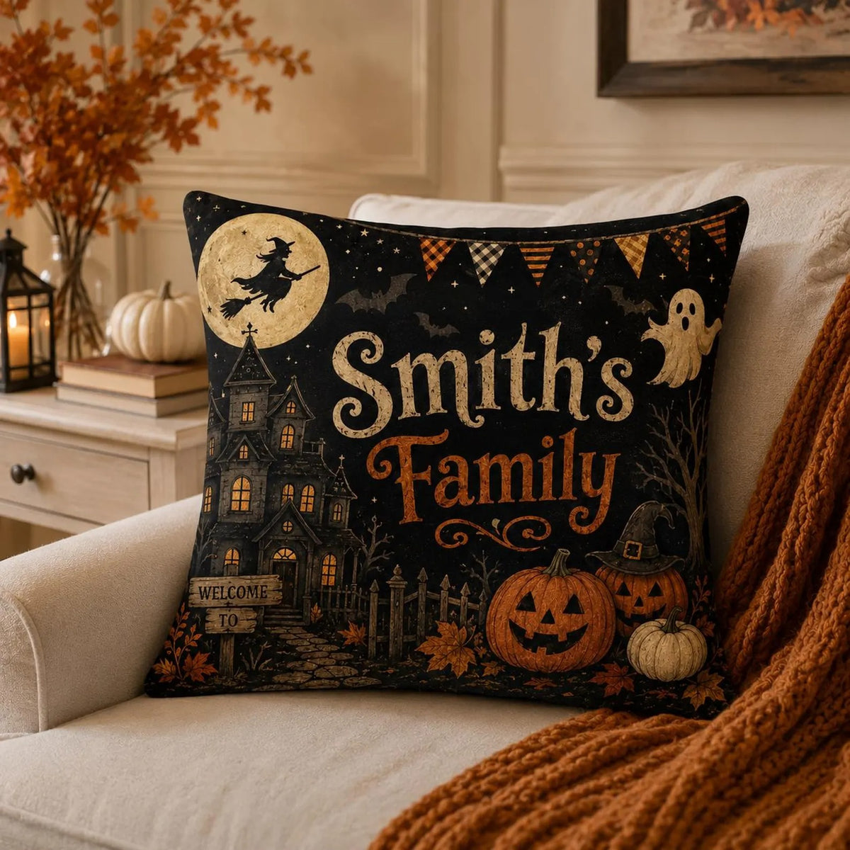 Personalized Halloween Family Pillow Cover, Custom Family Name Throw Pillow, Haunted House & Pumpkin Decor, Spooky Fall Home Accent, Halloween Gift
