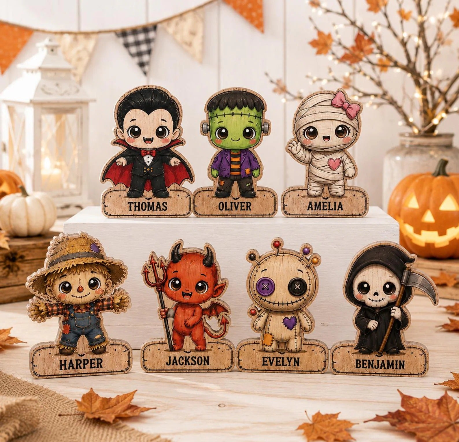 Personalized Halloween Wooden Block, Custom Name Halloween Decor, Cute Spooky Character Sign, Kids Halloween Gift, Halloween Shelf Decor
