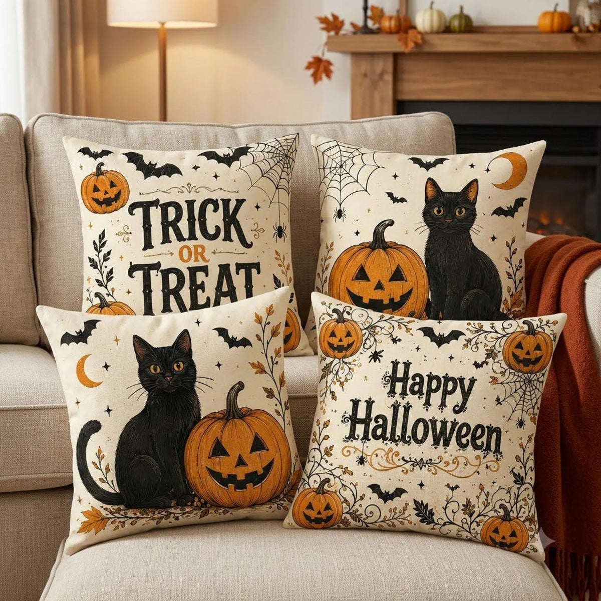 Halloween Black Cat Pumpkin Throw Pillow Cover Set, Vintage Spooky Autumn Cushion, Trick or Treat Decor, Gothic Farmhouse Fall Home Accent