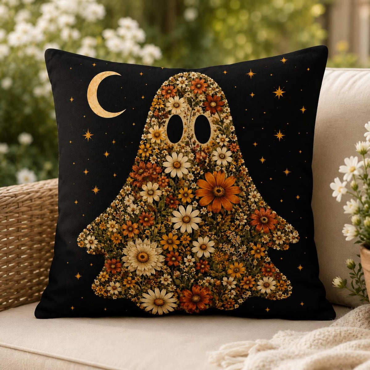 Floral Ghost Pillow Cover, Cottagecore Boho Fall Cushion Case, Wildflower Autumn Decor, Cute Halloween Throw Pillow, Seasonal Home Gift