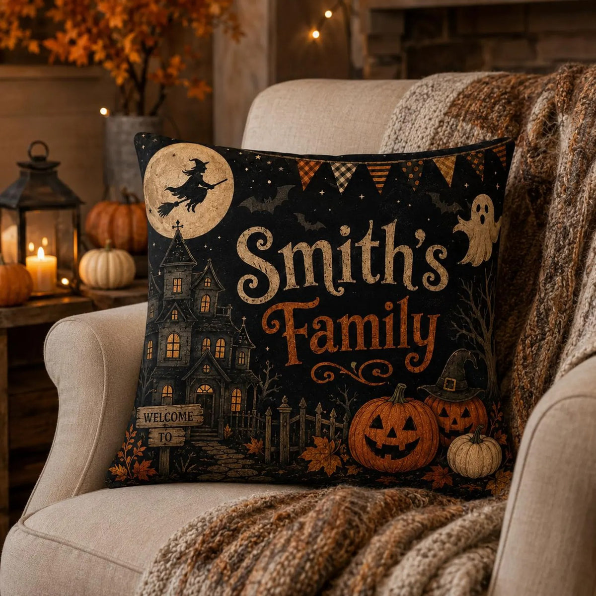Personalized Halloween Family Pillow Cover, Custom Family Name Throw Pillow, Haunted House & Pumpkin Decor, Spooky Fall Home Accent, Halloween Gift