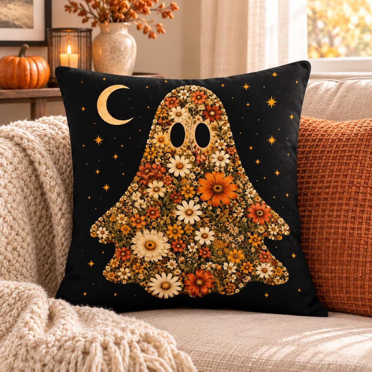 Floral Ghost Pillow Cover, Cottagecore Boho Fall Cushion Case, Wildflower Autumn Decor, Cute Halloween Throw Pillow, Seasonal Home Gift