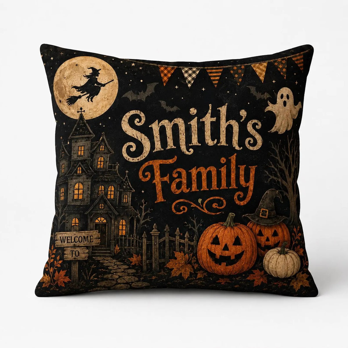 Personalized Halloween Family Pillow Cover, Custom Family Name Throw Pillow, Haunted House & Pumpkin Decor, Spooky Fall Home Accent, Halloween Gift