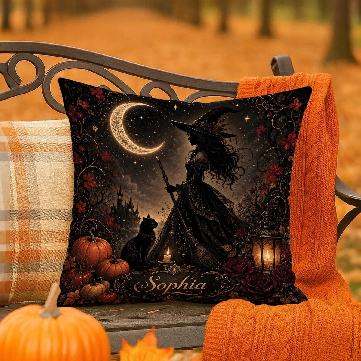Personalized Witch Halloween Pillow Cover, Custom Name Spooky Crescent Moon Throw Pillow, Square Cushion Case, Gothic Fall Home Decor