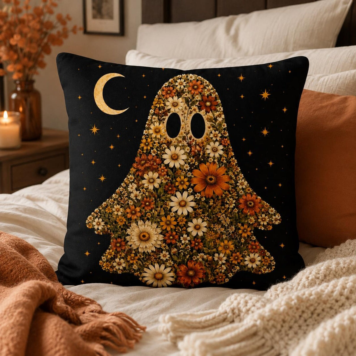 Floral Ghost Pillow Cover, Cottagecore Boho Fall Cushion Case, Wildflower Autumn Decor, Cute Halloween Throw Pillow, Seasonal Home Gift