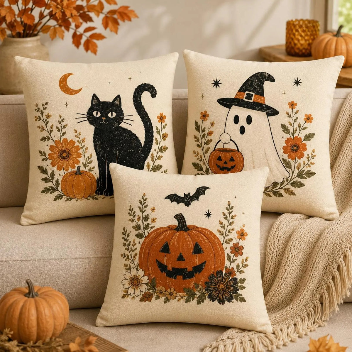 Halloween Throw Pillow, Ghost Cat Pumpkin Pillow Covers, Farmhouse Spooky Season Decor, Neutral Fall Cushion Covers, Cozy Sofa Decoration
