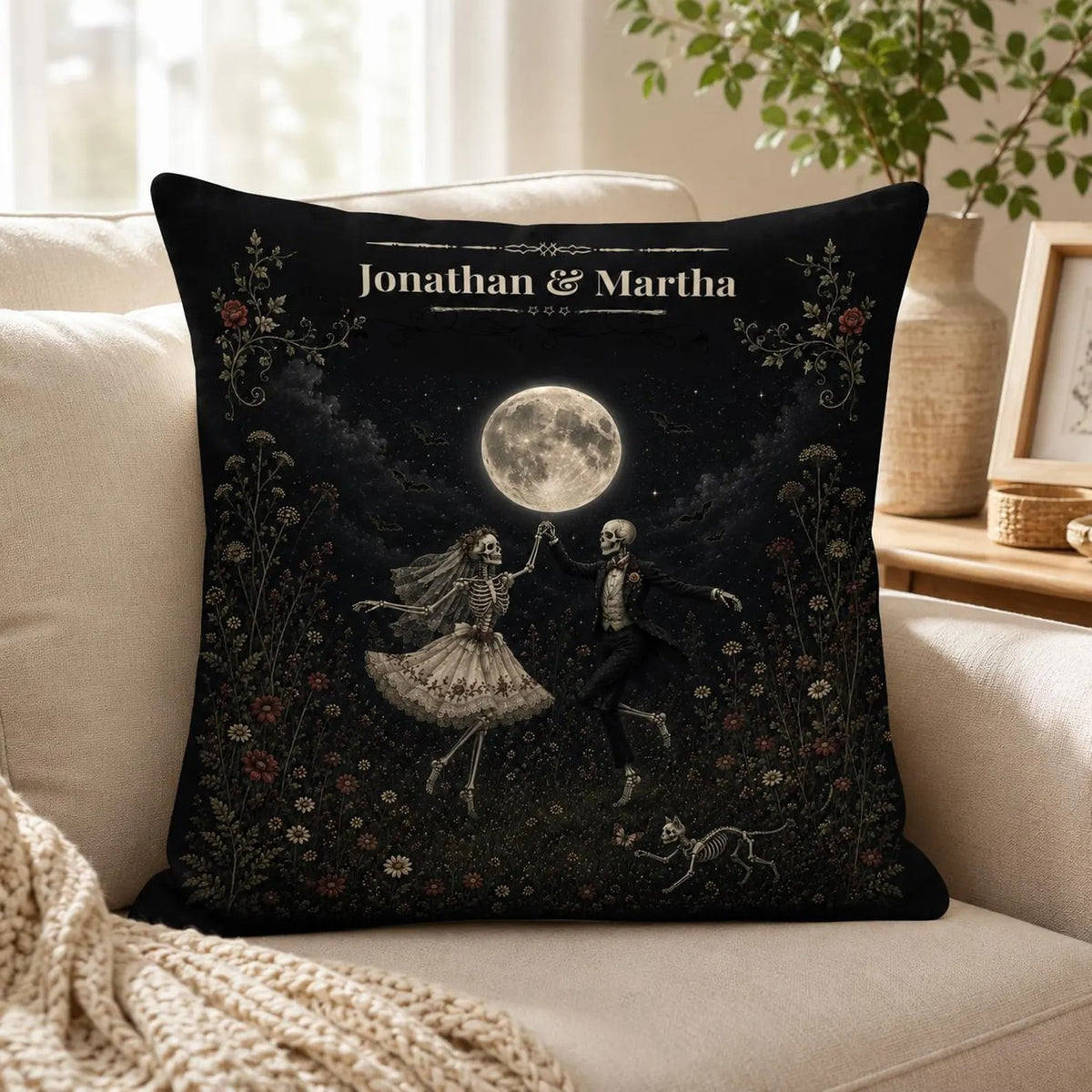 Personalized Halloween Couple Pillow Cover, Custom Skeleton Couple Throw Pillow, Gothic Moon Dance Cushion, Spooky Fall Decor, Halloween Gift for Couples