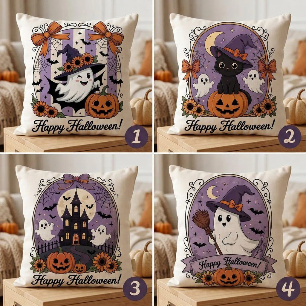 Cute Ghost Halloween Throw Pillow Cover, Witch Ghost Pumpkin Cushion Case, Spooky Fall Home Decor, Autumn Sofa Accent, Halloween Gift