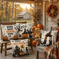 Halloween Throw Pillow Cover, Spooky Ghost Pumpkin Pillowcase, Haunted House Cushion Cover, Witch Boots Black Cat Decor, Gothic Fall Home Accent