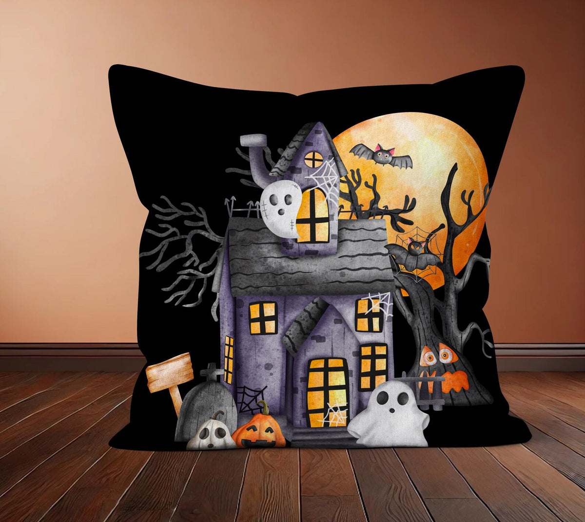 Black Halloween Pillow Cover, Witch Haunted House Gnome & Jack-o'-Lantern Throw Pillow, Spooky Trick or Treat Fall Home Decor