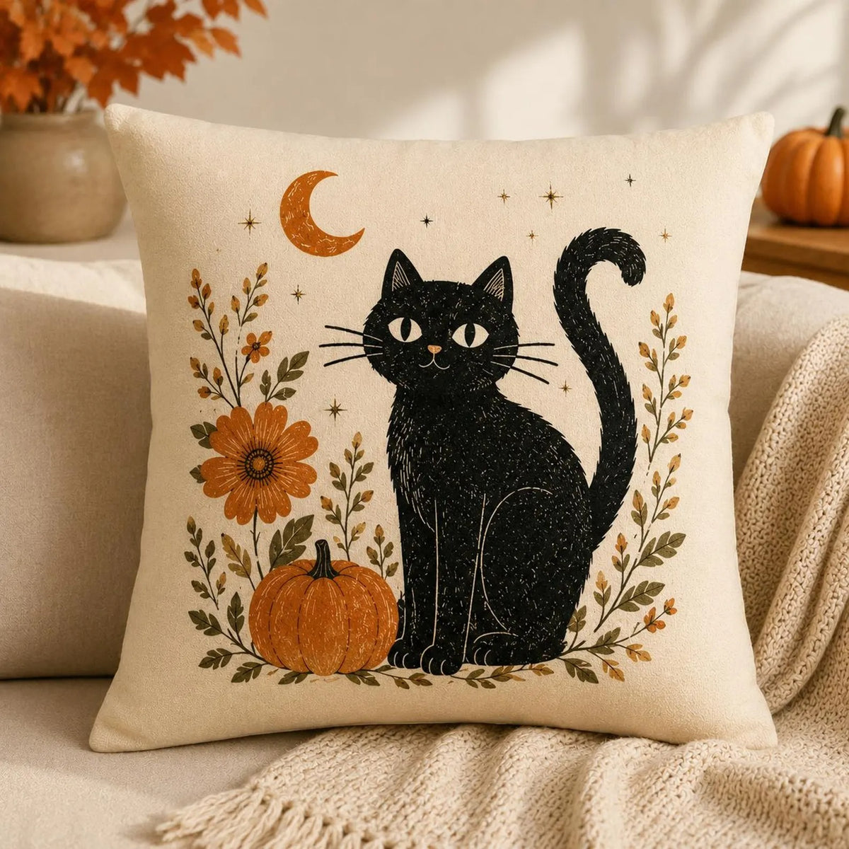 Halloween Throw Pillow, Ghost Cat Pumpkin Pillow Covers, Farmhouse Spooky Season Decor, Neutral Fall Cushion Covers, Cozy Sofa Decoration
