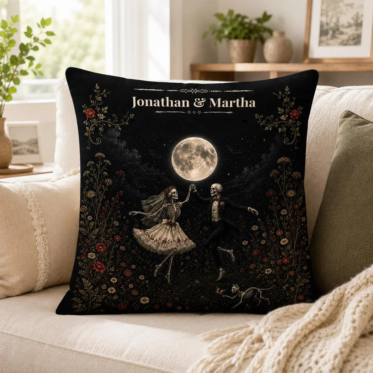 Personalized Halloween Couple Pillow Cover, Custom Skeleton Couple Throw Pillow, Gothic Moon Dance Cushion, Spooky Fall Decor, Halloween Gift for Couples