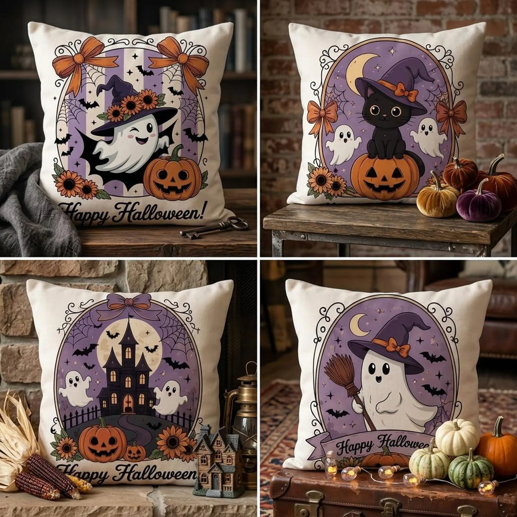 Cute Ghost Halloween Throw Pillow Cover, Witch Ghost Pumpkin Cushion Case, Spooky Fall Home Decor, Autumn Sofa Accent, Halloween Gift
