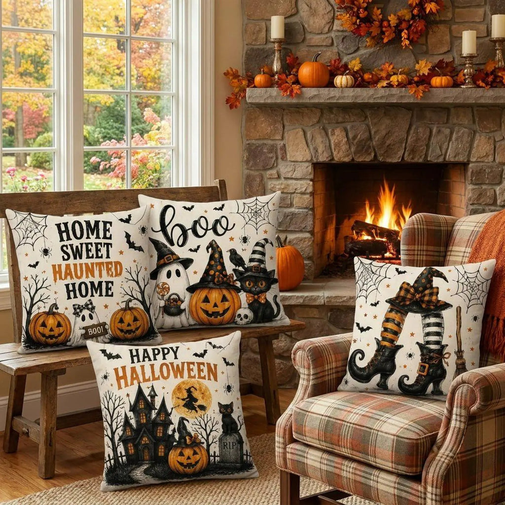 Halloween Throw Pillow Cover, Spooky Ghost Pumpkin Pillowcase, Haunted House Cushion Cover, Witch Boots Black Cat Decor, Gothic Fall Home Accent