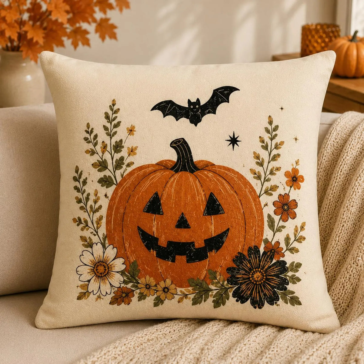Halloween Throw Pillow, Ghost Cat Pumpkin Pillow Covers, Farmhouse Spooky Season Decor, Neutral Fall Cushion Covers, Cozy Sofa Decoration
