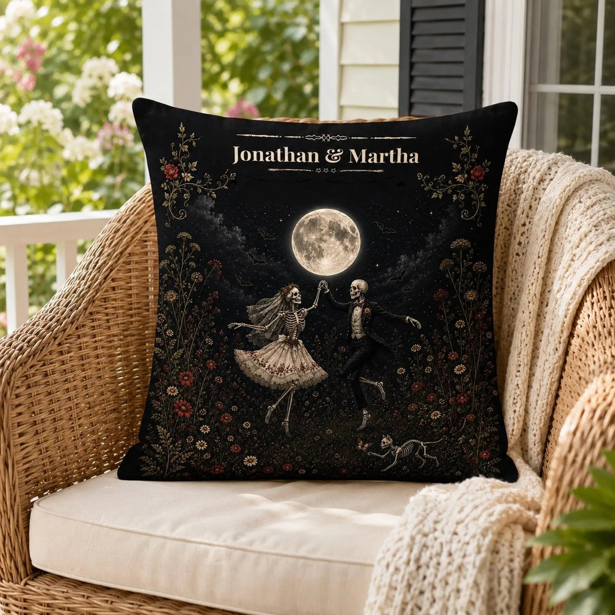 Personalized Halloween Couple Pillow Cover, Custom Skeleton Couple Throw Pillow, Gothic Moon Dance Cushion, Spooky Fall Decor, Halloween Gift for Couples