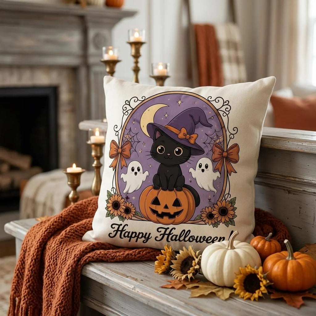 Cute Ghost Halloween Throw Pillow Cover, Witch Ghost Pumpkin Cushion Case, Spooky Fall Home Decor, Autumn Sofa Accent, Halloween Gift