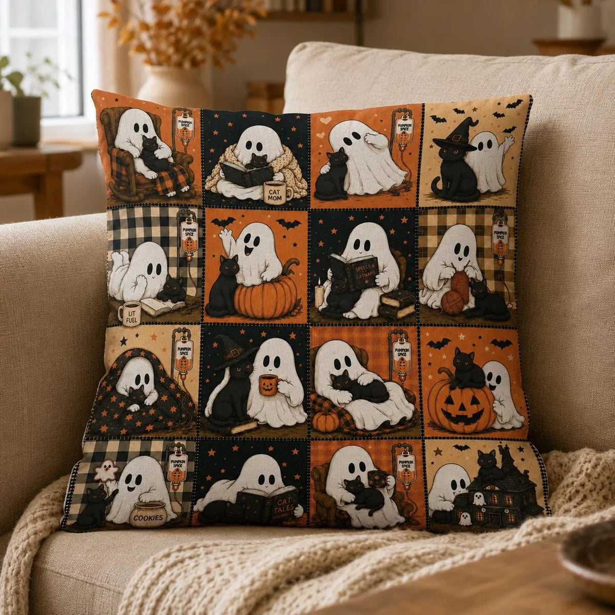 Halloween Ghost Cat Throw Pillow, Cute Vintage All-Over Print Cushion, Spooky Autumn Home Decor, Pet Lover Gift For Family And Friends