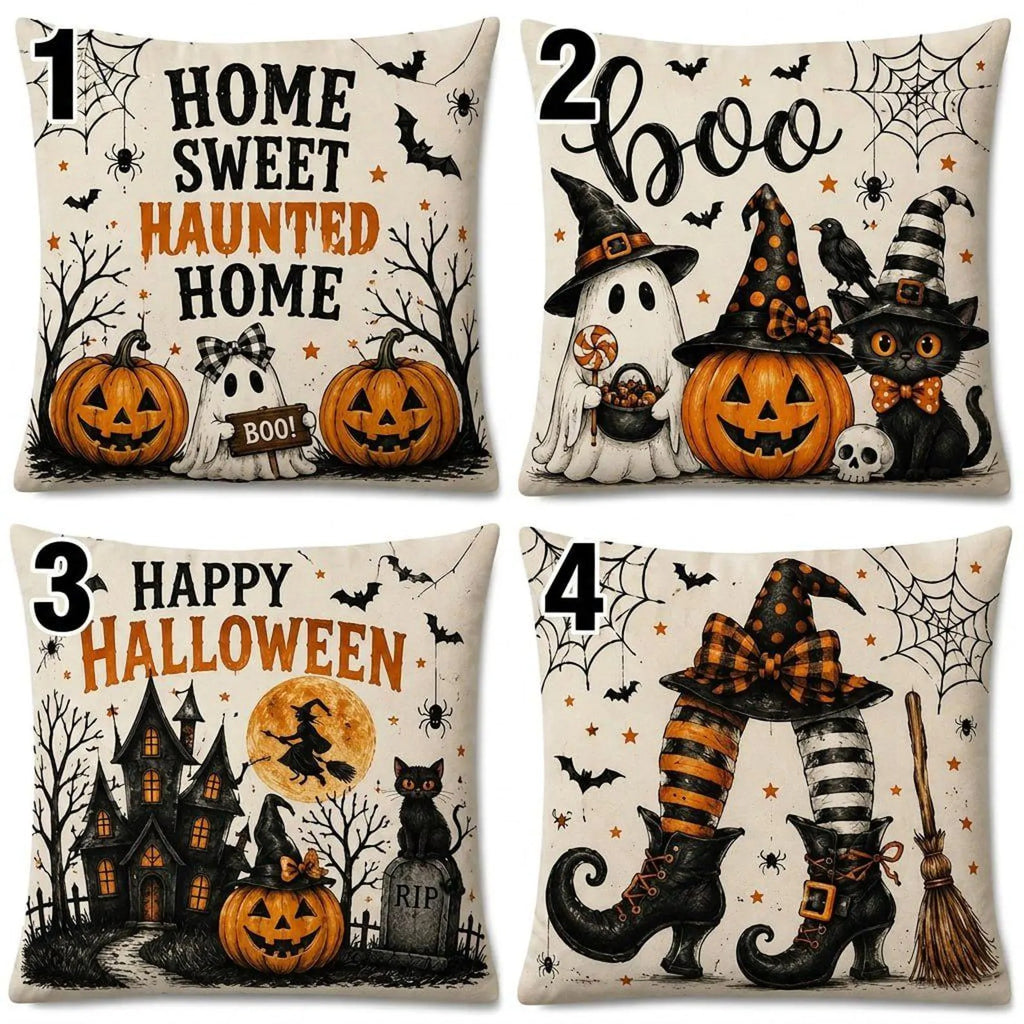 Halloween Throw Pillow Cover, Spooky Ghost Pumpkin Pillowcase, Haunted House Cushion Cover, Witch Boots Black Cat Decor, Gothic Fall Home Accent