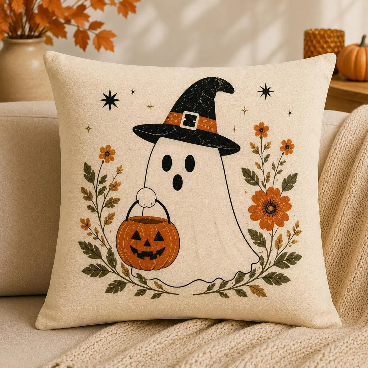 Halloween Throw Pillow, Ghost Cat Pumpkin Pillow Covers, Farmhouse Spooky Season Decor, Neutral Fall Cushion Covers, Cozy Sofa Decoration