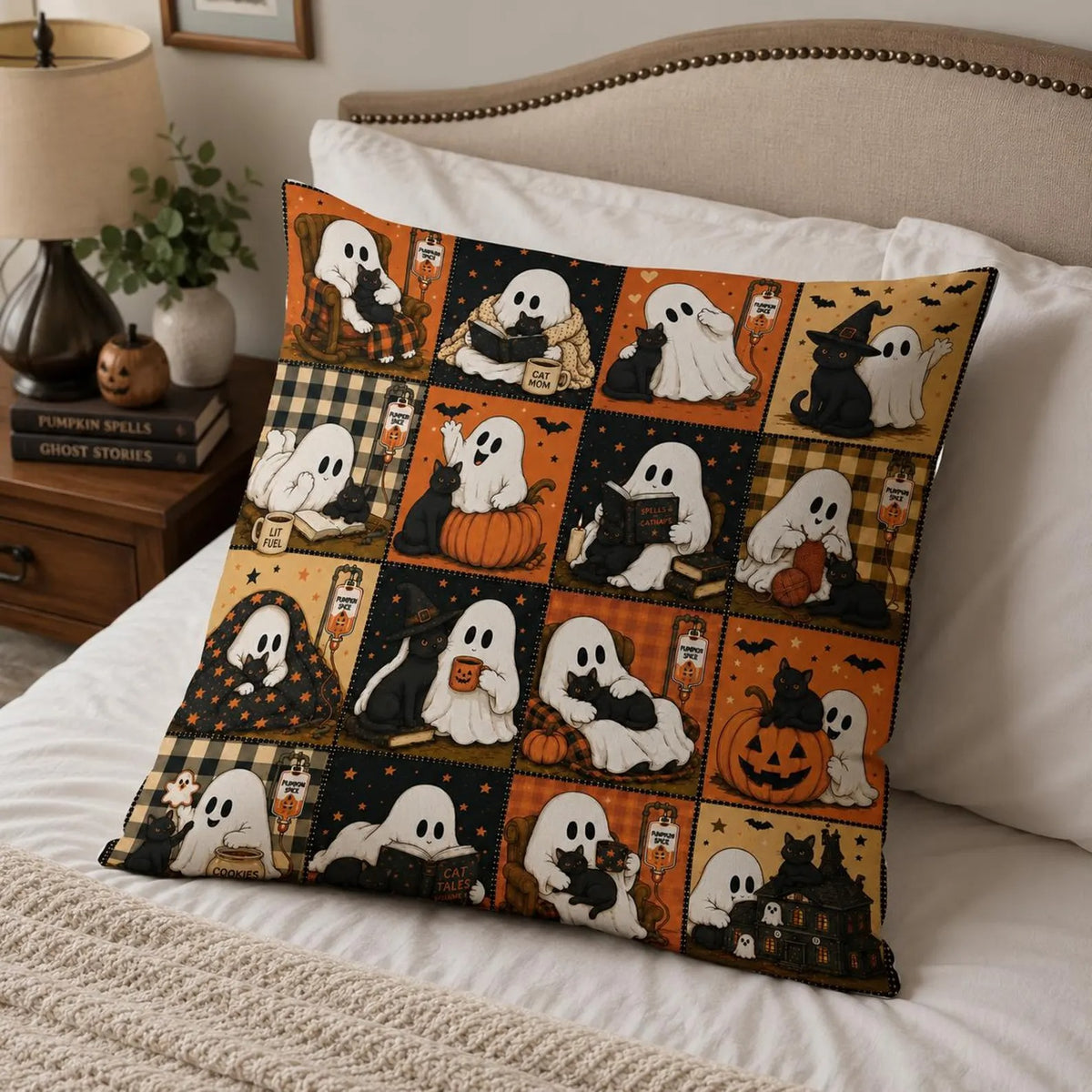 Halloween Ghost Cat Throw Pillow, Cute Vintage All-Over Print Cushion, Spooky Autumn Home Decor, Pet Lover Gift For Family And Friends