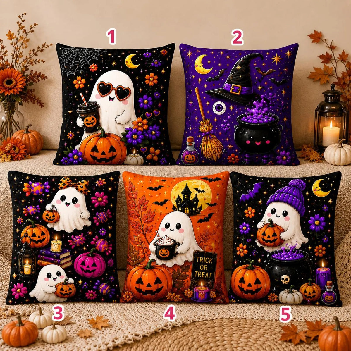 Cute Halloween Ghost Throw Pillow Cover, Spooky Pumpkin Witch Ghost Decor, Cozy Fall Autumn Cushion Case, Spooky Halloween Home Decoration