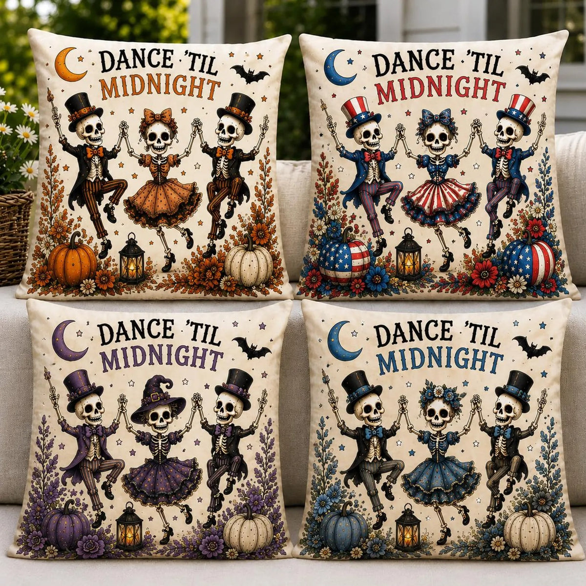 Dance Til Midnight Halloween Pillow Cover, Vintage Dancing Skeletons Throw Pillow, Spooky Gothic Home Decor, Cute Pumpkin Cushion Case, Halloween Gift