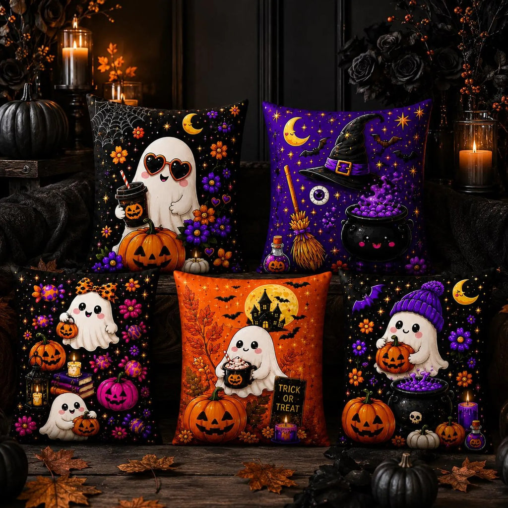 Cute Halloween Ghost Throw Pillow Cover, Spooky Pumpkin Witch Ghost Decor, Cozy Fall Autumn Cushion Case, Spooky Halloween Home Decoration