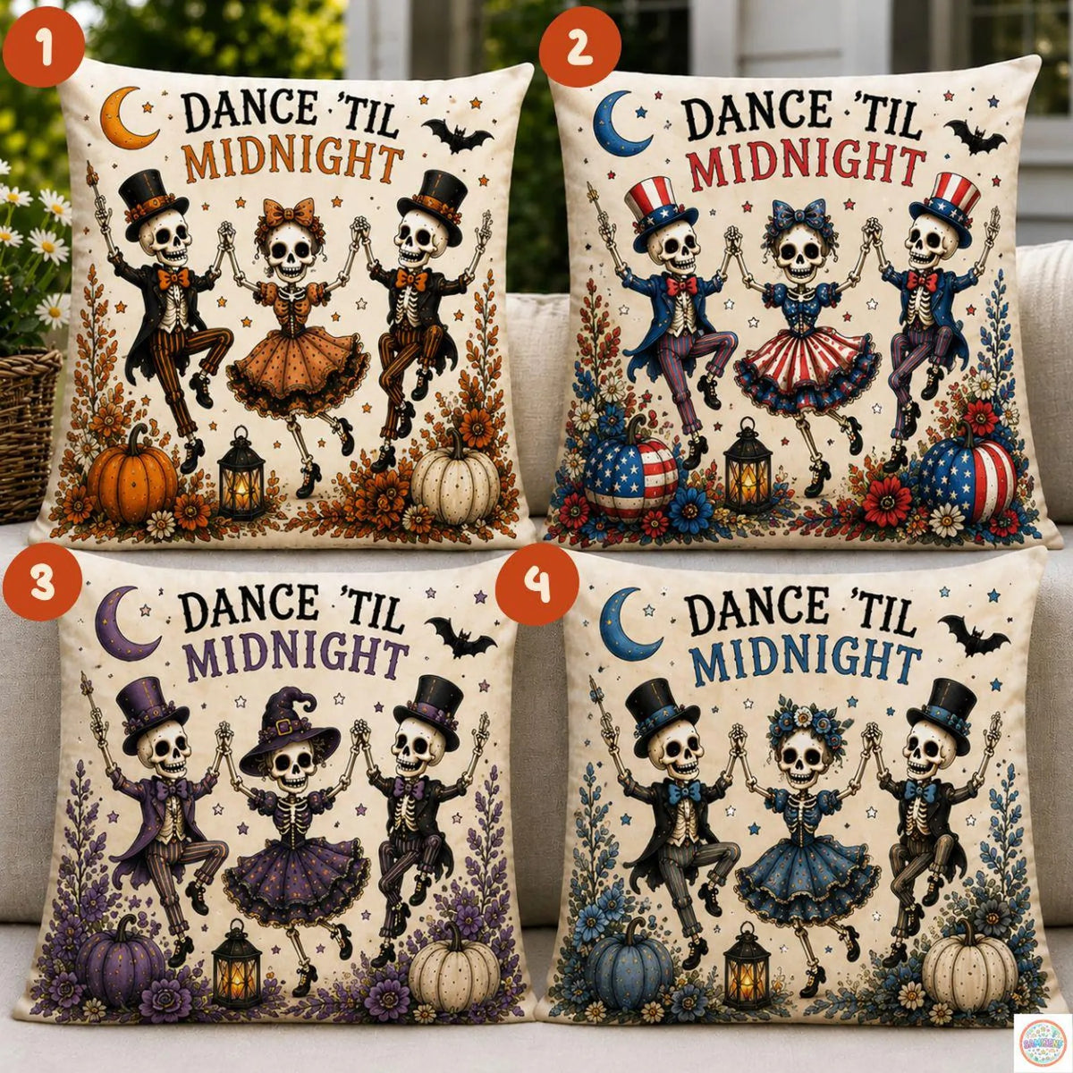Dance Til Midnight Halloween Pillow Cover, Vintage Dancing Skeletons Throw Pillow, Spooky Gothic Home Decor, Cute Pumpkin Cushion Case, Halloween Gift