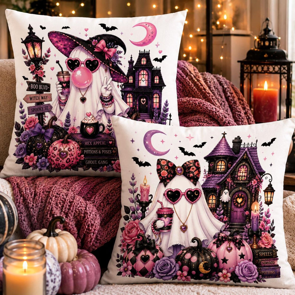 Cute Halloween Ghost Pillow Cover, Pink Witchy Haunted House Decor, Floral Pumpkin Throw Cushion, Spooky Fall Home Accent, Halloween Gift