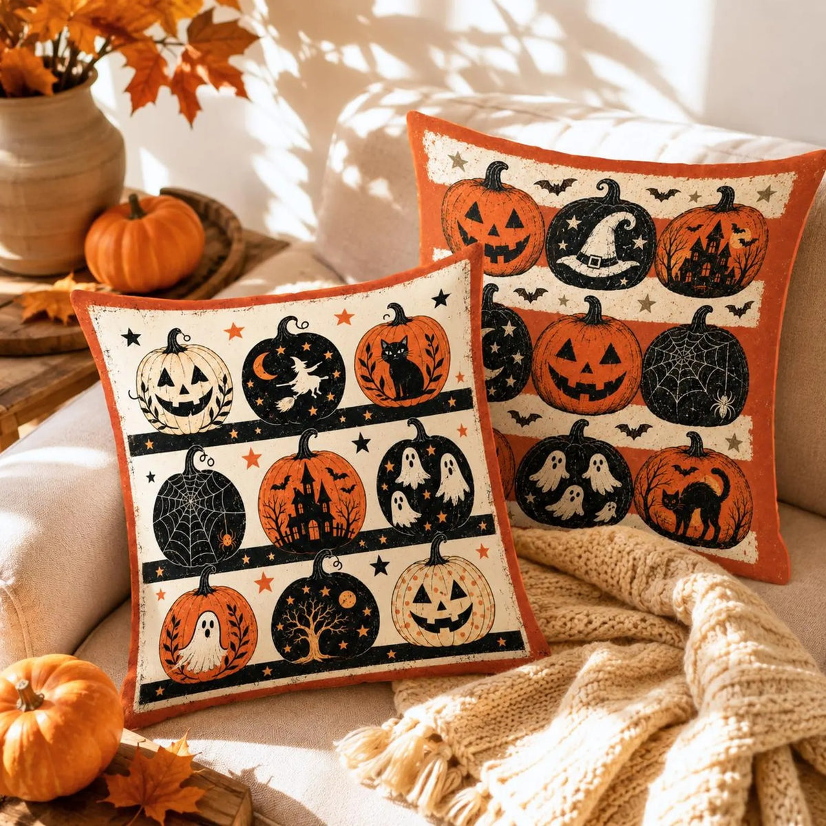 Vintage Halloween Throw Pillow Cover, Spooky Pumpkin Ghost & Black Cat Cushion, Cute Fall Home Decor, Halloween Housewarming Gift