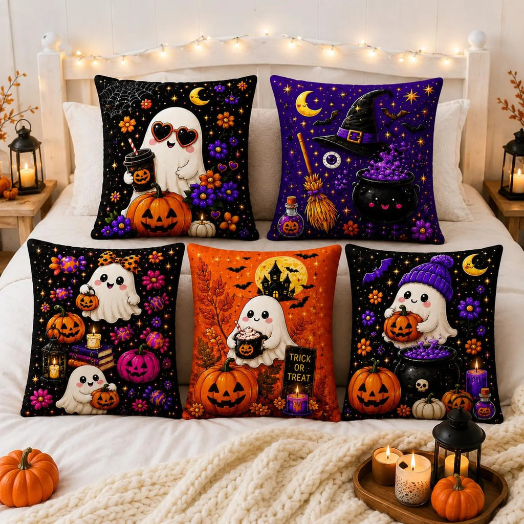 Cute Halloween Ghost Throw Pillow Cover, Spooky Pumpkin Witch Ghost Decor, Cozy Fall Autumn Cushion Case, Spooky Halloween Home Decoration