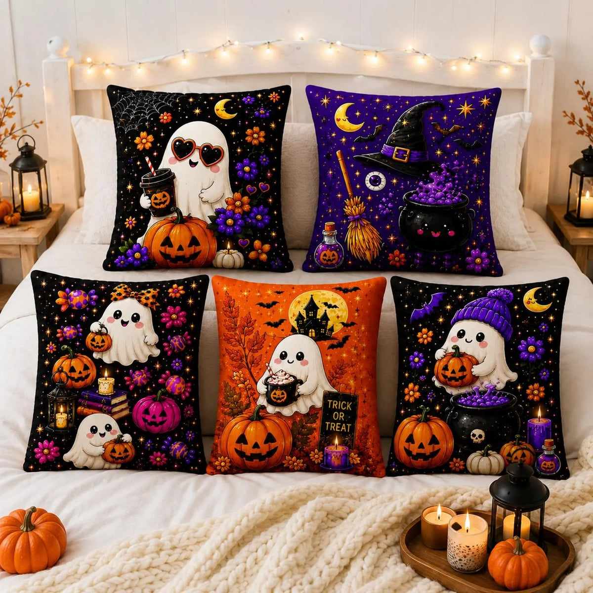 Cute Halloween Ghost Throw Pillow Cover, Spooky Pumpkin Witch Ghost Decor, Cozy Fall Autumn Cushion Case, Spooky Halloween Home Decoration
