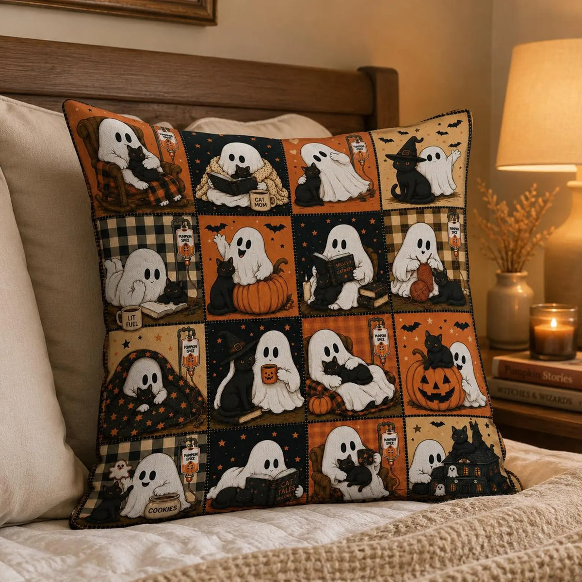 Halloween Ghost Cat Throw Pillow, Cute Vintage All-Over Print Cushion, Spooky Autumn Home Decor, Pet Lover Gift For Family And Friends