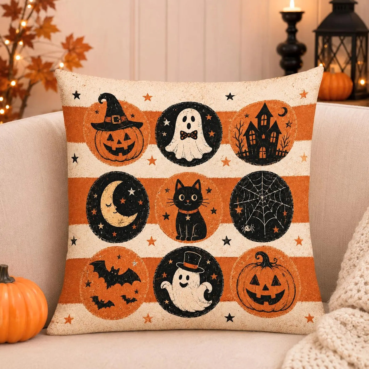Vintage Halloween Throw Pillow Cover, Spooky Pumpkin Ghost & Black Cat Cushion, Cute Fall Home Decor, Halloween Housewarming Gift