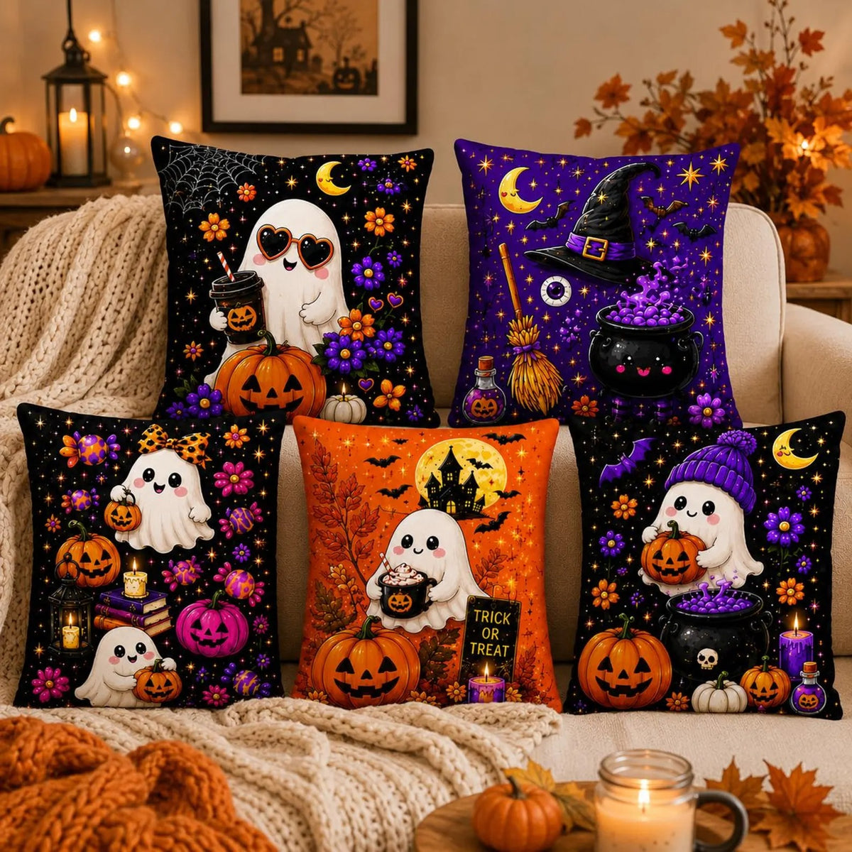 Cute Halloween Ghost Throw Pillow Cover, Spooky Pumpkin Witch Ghost Decor, Cozy Fall Autumn Cushion Case, Spooky Halloween Home Decoration