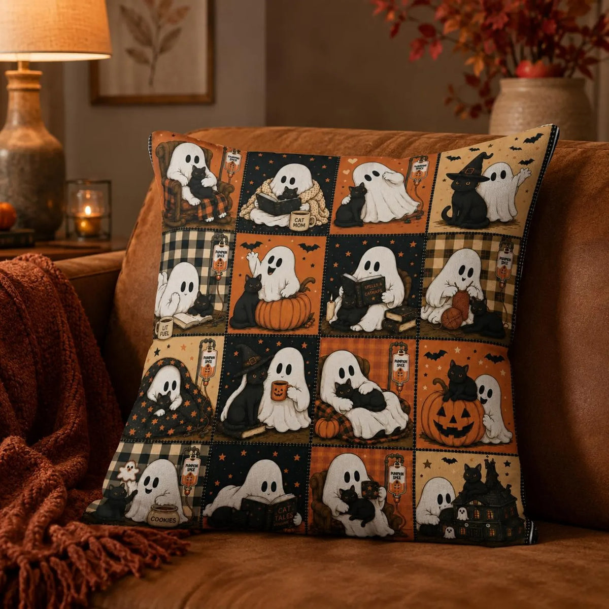 Halloween Ghost Cat Throw Pillow, Cute Vintage All-Over Print Cushion, Spooky Autumn Home Decor, Pet Lover Gift For Family And Friends