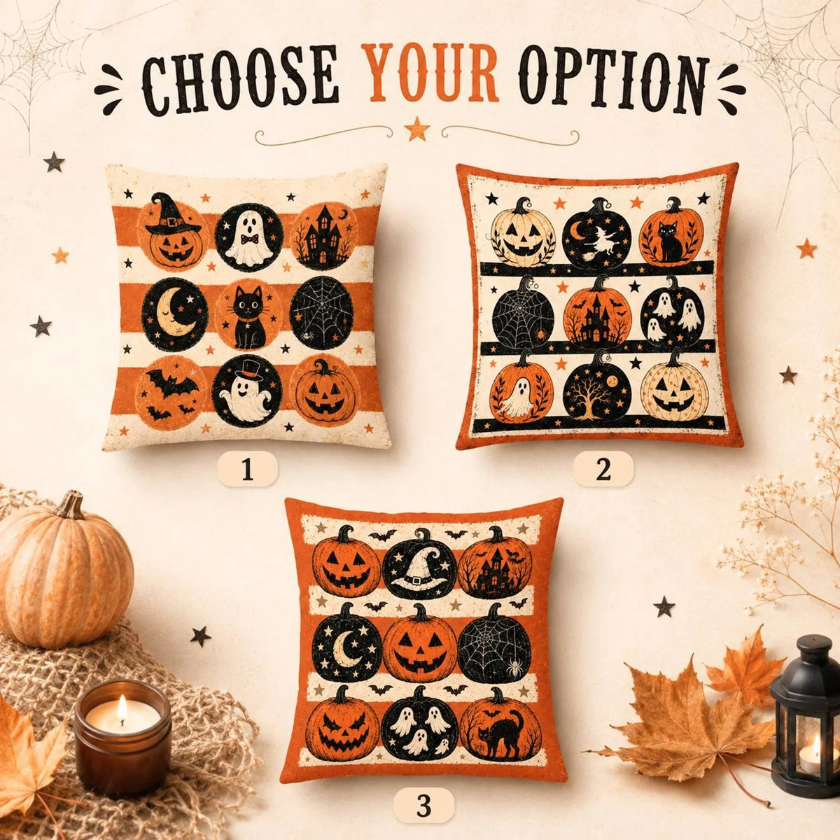 Vintage Halloween Throw Pillow Cover, Spooky Pumpkin Ghost & Black Cat Cushion, Cute Fall Home Decor, Halloween Housewarming Gift