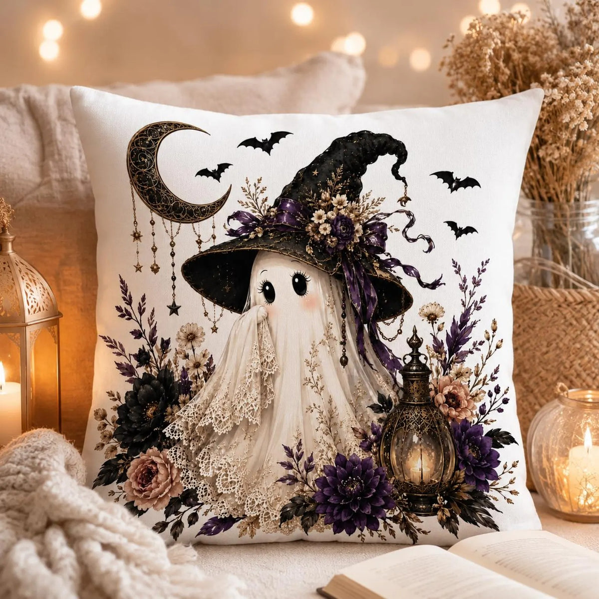 Halloween Ghost Pillow Cover, Cute Witch & Floral Gothic Decor, Spooky Fall Throw Pillow, Cozy Home Accent, Halloween Gift for Her
