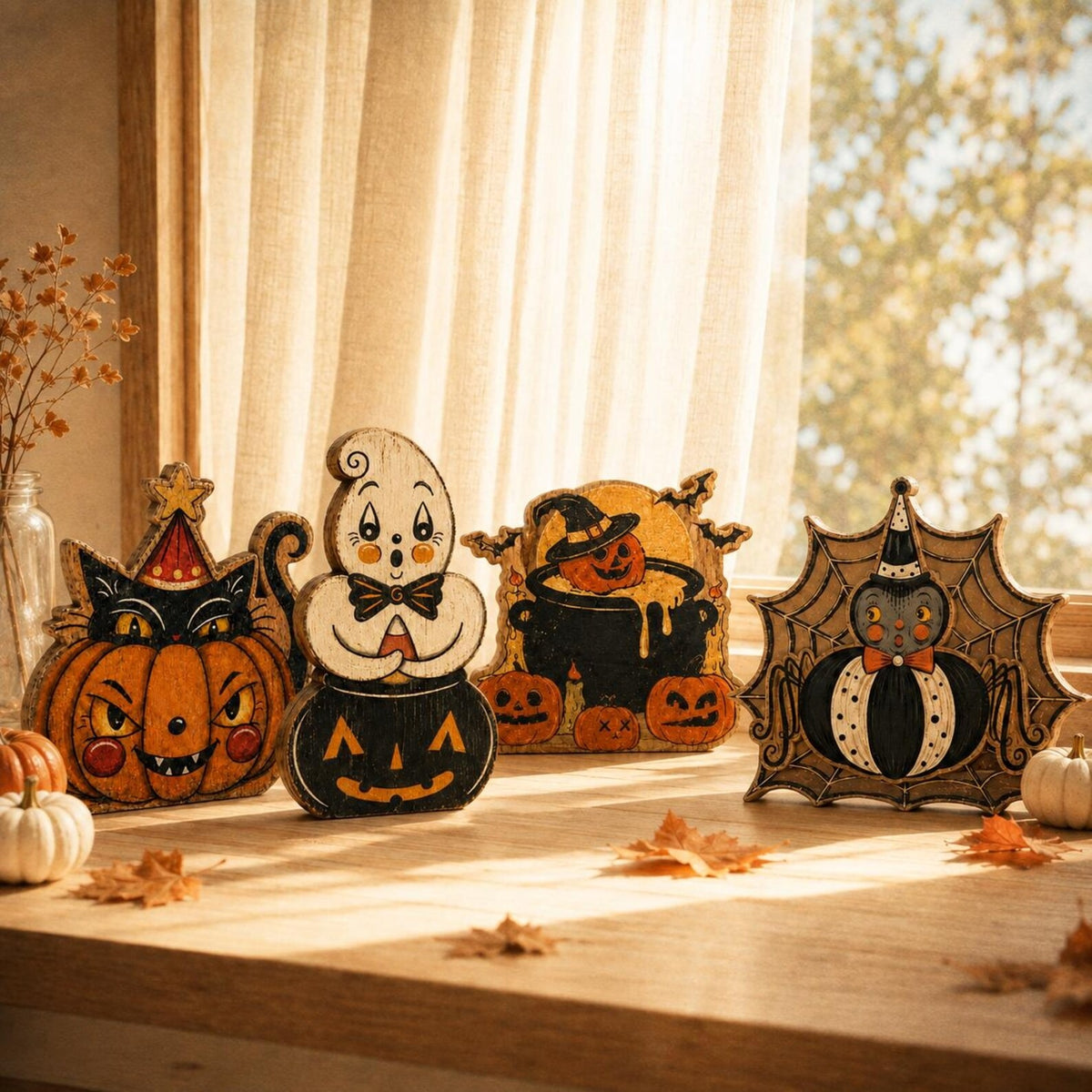 Vintage Halloween Wooden Block Decor, Retro Shelf Sitter, Rustic Plywood Decoration, Spooky Fall Tabletop Accent, Halloween Home Decor