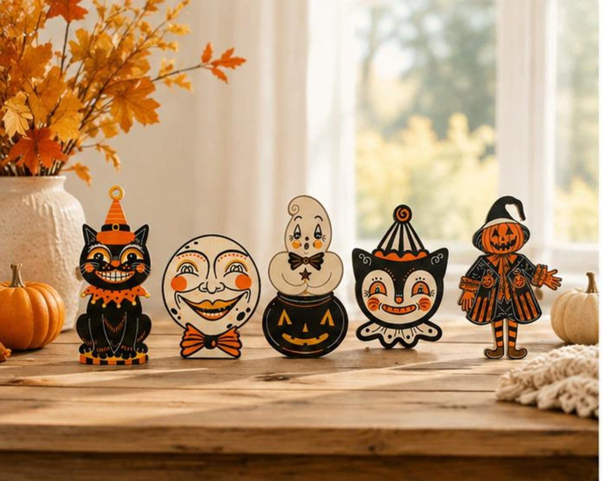 Vintage Halloween Wooden Block Decor, Retro Cat Ghost Pumpkin Moon Witch Shelf Sitters, Spooky Mantel & Tiered Tray Decoration, Rustic Fall Home Decor