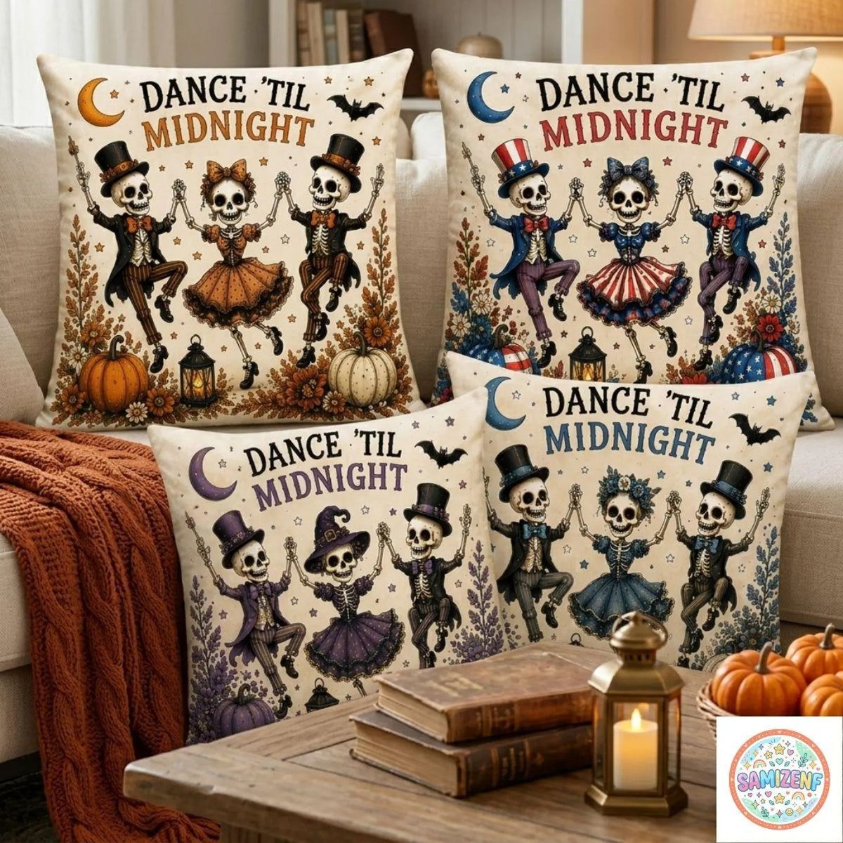 Dance Til Midnight Halloween Pillow Cover, Vintage Dancing Skeletons Throw Pillow, Spooky Gothic Home Decor, Cute Pumpkin Cushion Case, Halloween Gift