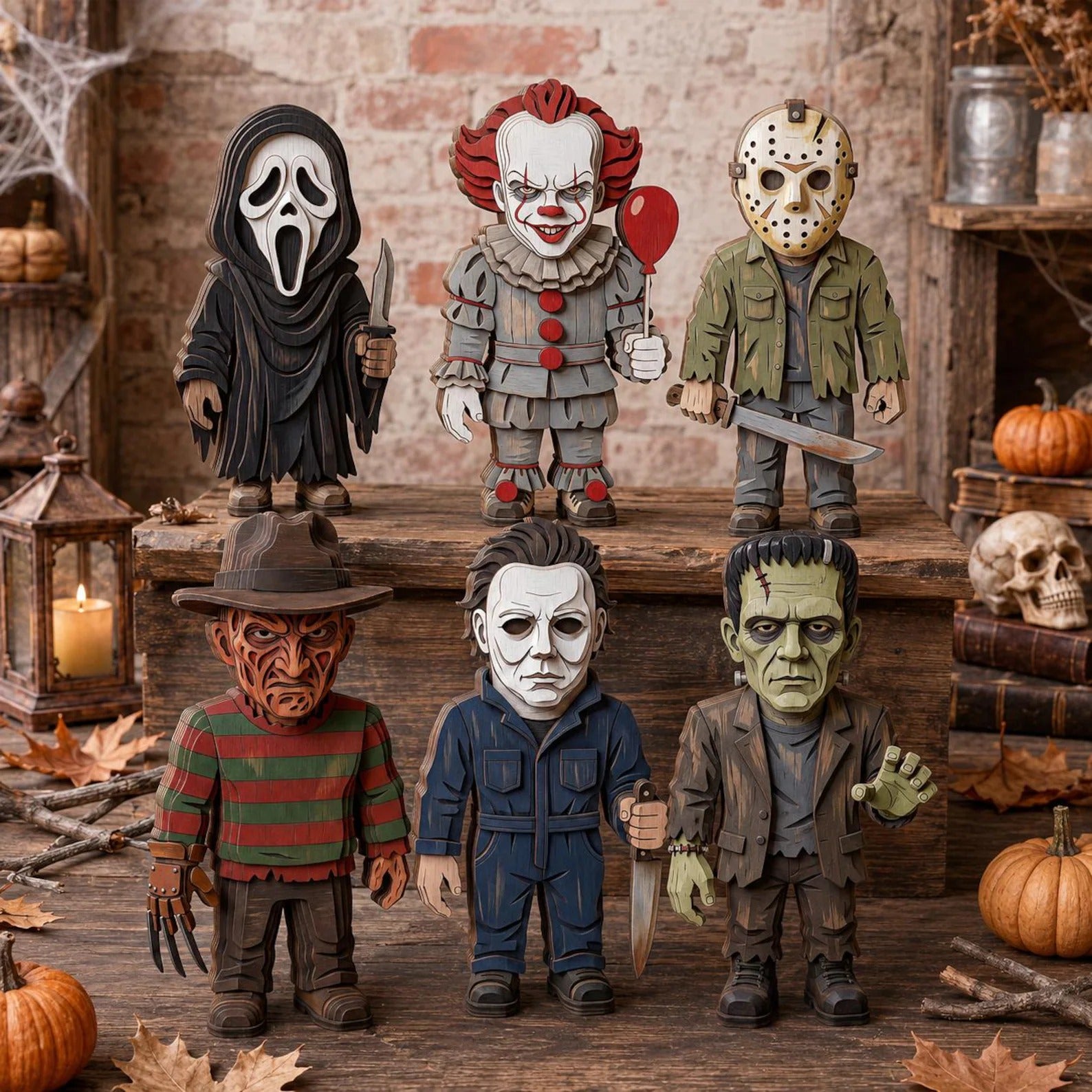 Halloween Wooden Block Decor Set, Spooky Character Shelf Sitters, Vampire Mummy Ghost Pumpkin Frankenstein Rustic Home Decor