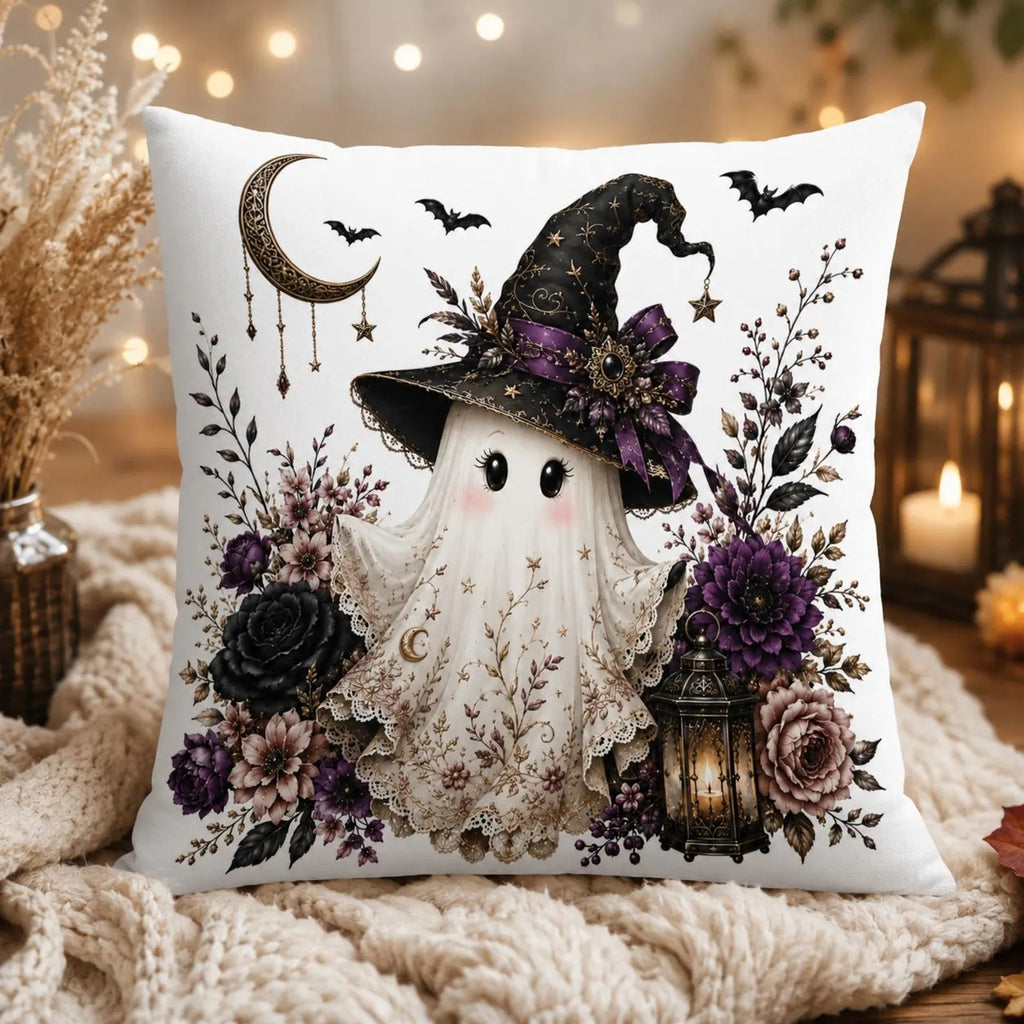 Halloween Ghost Pillow Cover, Cute Witch & Floral Gothic Decor, Spooky Fall Throw Pillow, Cozy Home Accent, Halloween Gift for Her
