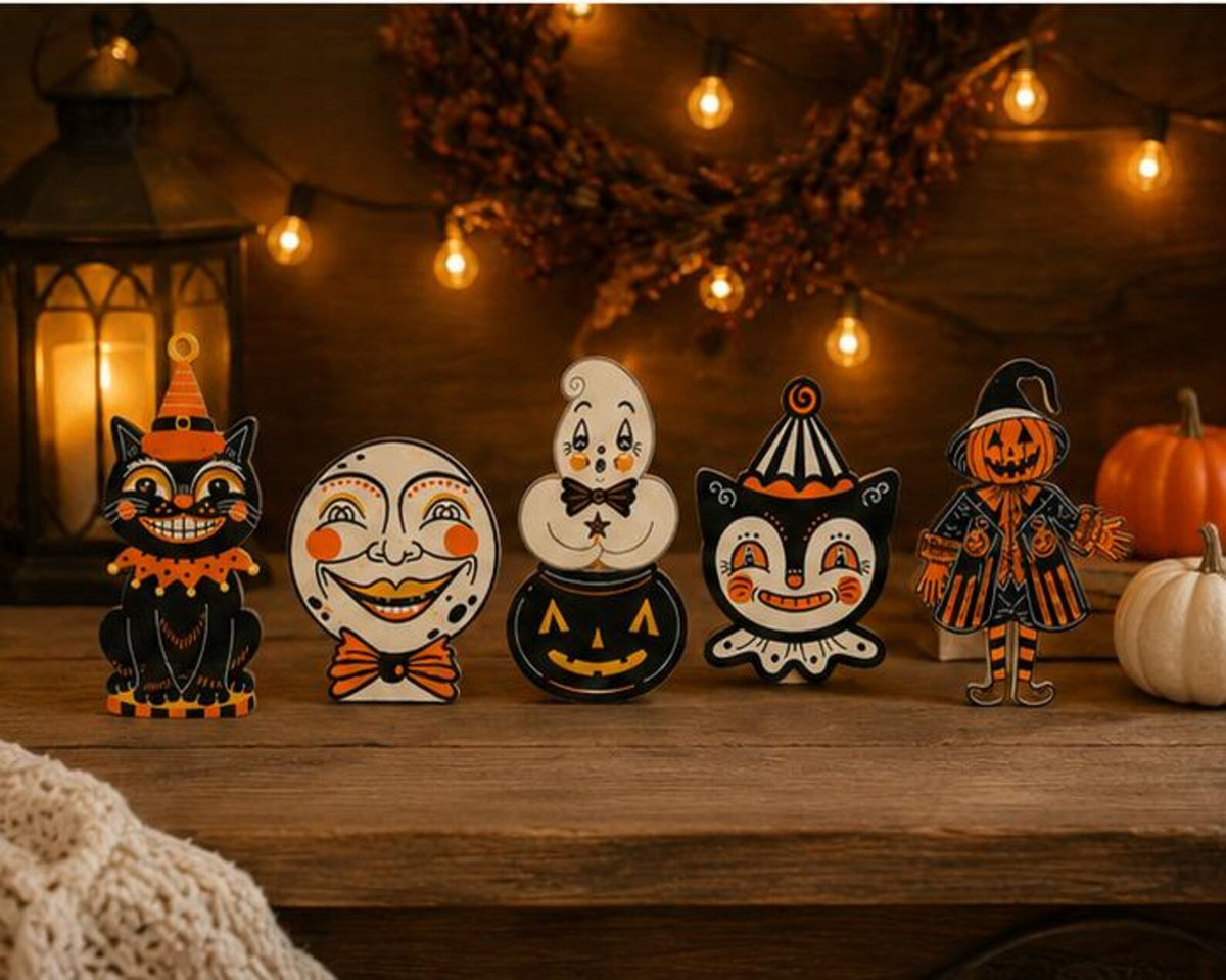 Vintage Halloween Wooden Block Decor, Retro Cat Ghost Pumpkin Moon Witch Shelf Sitters, Spooky Mantel & Tiered Tray Decoration, Rustic Fall Home Decor