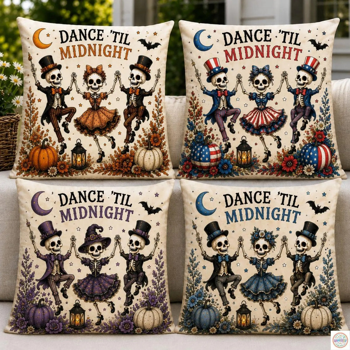 Dance Til Midnight Halloween Pillow Cover, Vintage Dancing Skeletons Throw Pillow, Spooky Gothic Home Decor, Cute Pumpkin Cushion Case, Halloween Gift