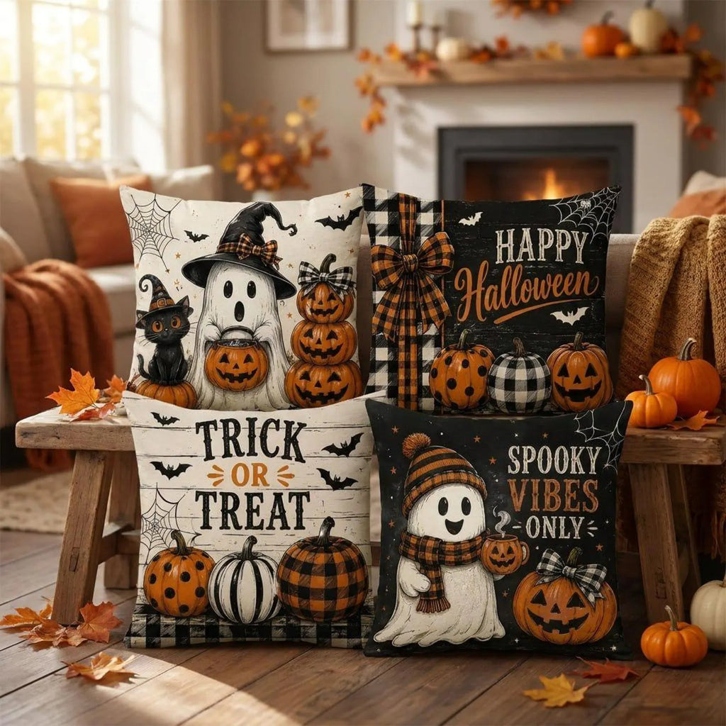 Halloween Throw Pillow Cover, Cute Ghost Pumpkin Pillowcase, Black Cat Cushion Cover, Buffalo Plaid Farmhouse Decor, Spooky Fall Home Accent