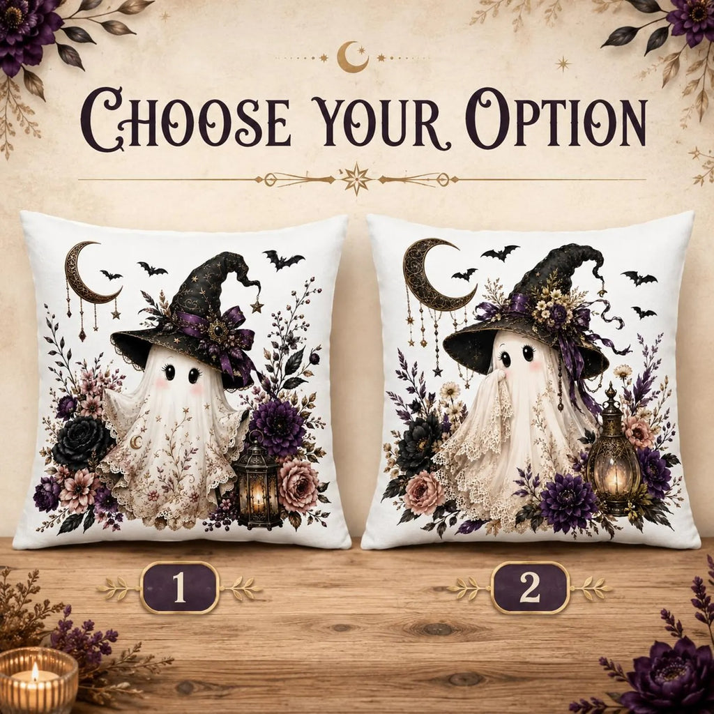 Halloween Ghost Pillow Cover, Cute Witch & Floral Gothic Decor, Spooky Fall Throw Pillow, Cozy Home Accent, Halloween Gift for Her